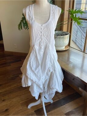 Luna Luz Sleeveless White Asymmetrical Button-Front Cotton Lagenlook Dress S